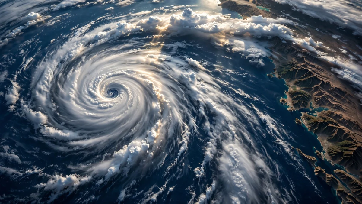 Satellite-style illustration of Category 5 Hurricane Polo swirling over the eastern Pacific Ocean off Mexico's western coastline