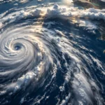 Satellite-style illustration of Category 5 Hurricane Polo swirling over the eastern Pacific Ocean off Mexico's western coastline