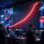 Trading floor with glowing market screens showing a rising red yield curve as US Treasury yields hit multi-decade highs